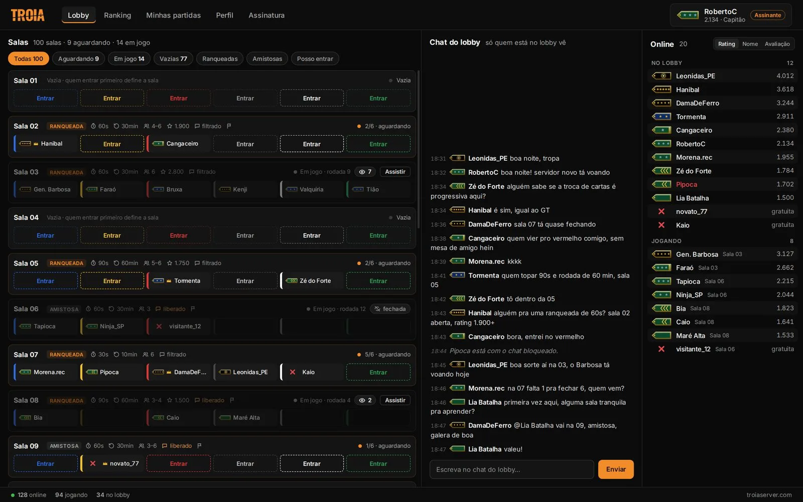 Lobby do Troia: salas, chat e jogadores online